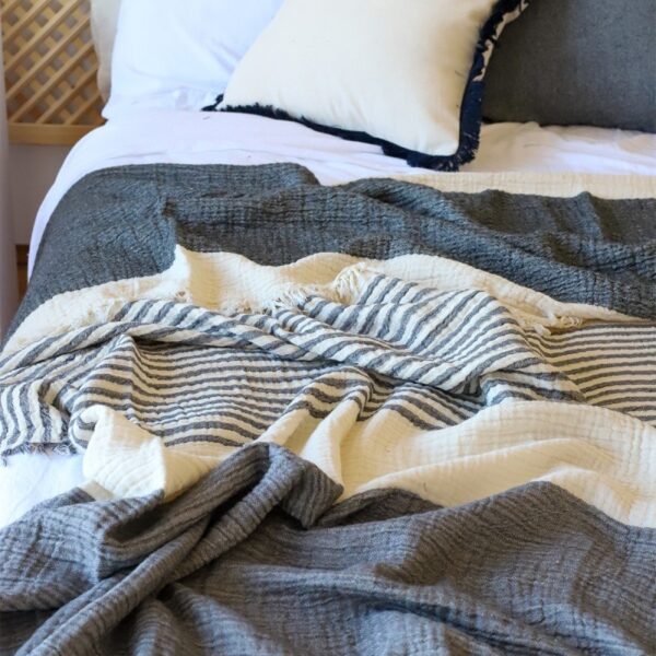 blanket throws bed cover cotton fabric linen bed set pillow case crinkle yarn dye stripe
